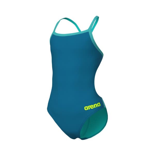 O Fato de Banho Menina Arena Team Swim Challenge Azul Cosmo é um fato de banho resistente ao cloro, confortável e ideal para treino regular.