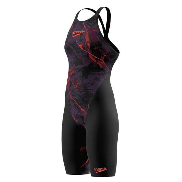 Fato de Banho Competição Speedo Fastskin LZR Pure Valor 2.0 Preto-Fogo Costas Abertas: leve, flexível e hidrodinâmico. Compressão moderada e costas abertas. Aprovado pela World Aquatics.