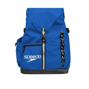 A Mochila Speedo 45L Pro Azul oferece grande capacidade, base resistente à água e bolsa removível para separar equipamento molhado e seco.